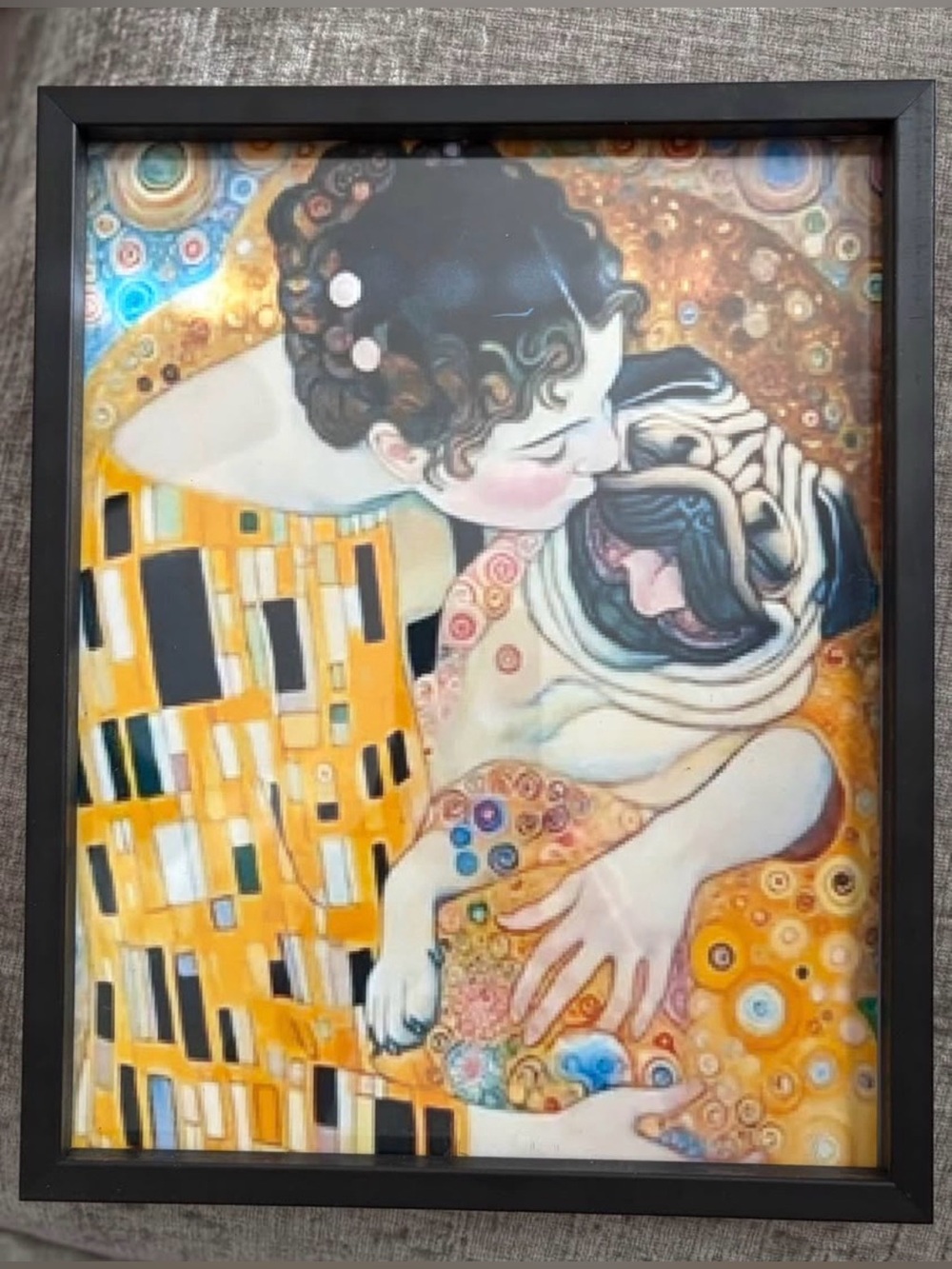 Gustav Klimt inspired The Kiss with Pug framed 8x10 print